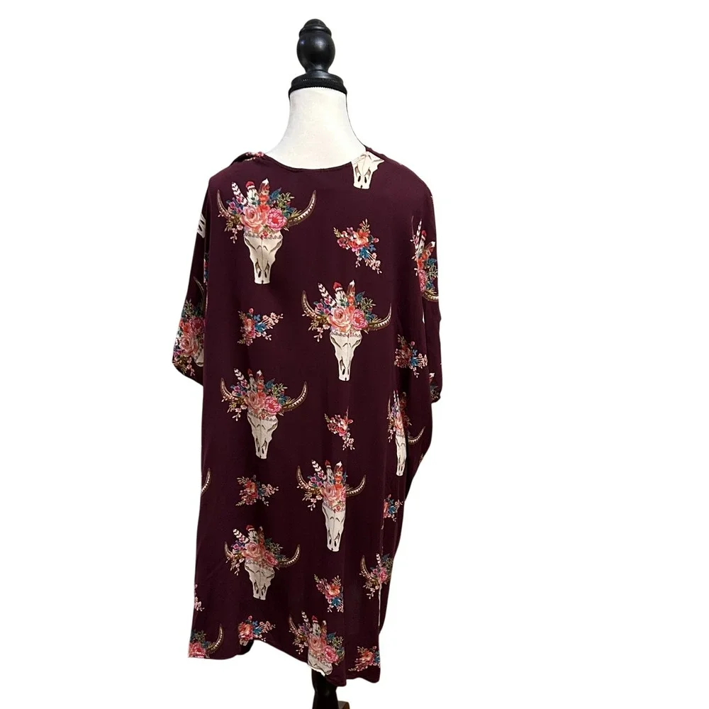 Angie Women's Kimono Topper Bull Skull Floral Burgundy Bohemian‎ Boho Size L